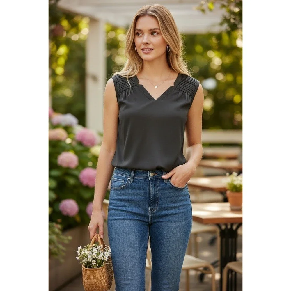 Daniel Rainn Black Solid 100% Silk V-Neck Pleated Cap Sleeve Blouse XS